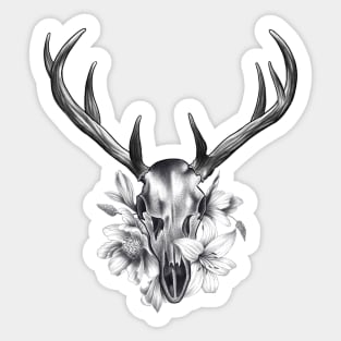 Deer Skull with Antlers in a Bed of Flowers and Lilys Sticker